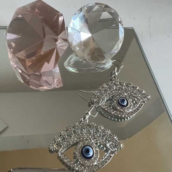 Silver rhinestone evil eye dangle drop chandelier earrings - Picture 7 of 10